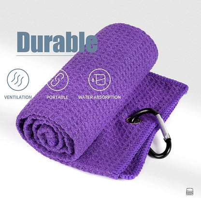 Tri-Fold Golf Towel | Premium Microfiber Fabric | Waffle Pattern | with Heavy Duty Carabiner Clip | Golf Towel for Men and Women (Purple Golf Towel)