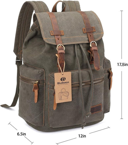 Vintage Backpack Leather Trim Casual Bookbag Men Women Laptop Travel Rucksack