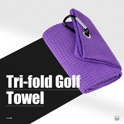 Tri-Fold Golf Towel | Premium Microfiber Fabric | Waffle Pattern | with Heavy Duty Carabiner Clip | Golf Towel for Men and Women (Purple Golf Towel)