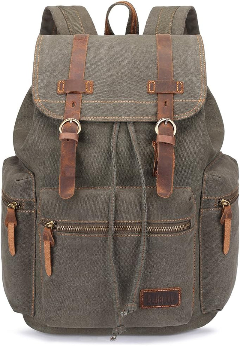 Vintage Backpack Leather Trim Casual Bookbag Men Women Laptop Travel Rucksack