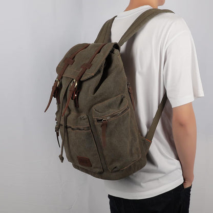 Vintage Backpack Leather Trim Casual Bookbag Men Women Laptop Travel Rucksack