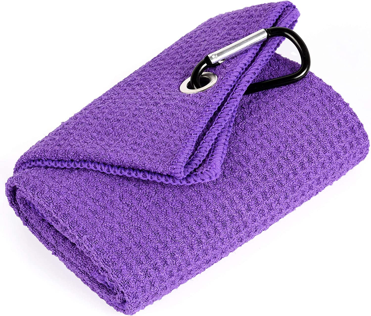 Tri-Fold Golf Towel | Premium Microfiber Fabric | Waffle Pattern | with Heavy Duty Carabiner Clip | Golf Towel for Men and Women (Purple Golf Towel)